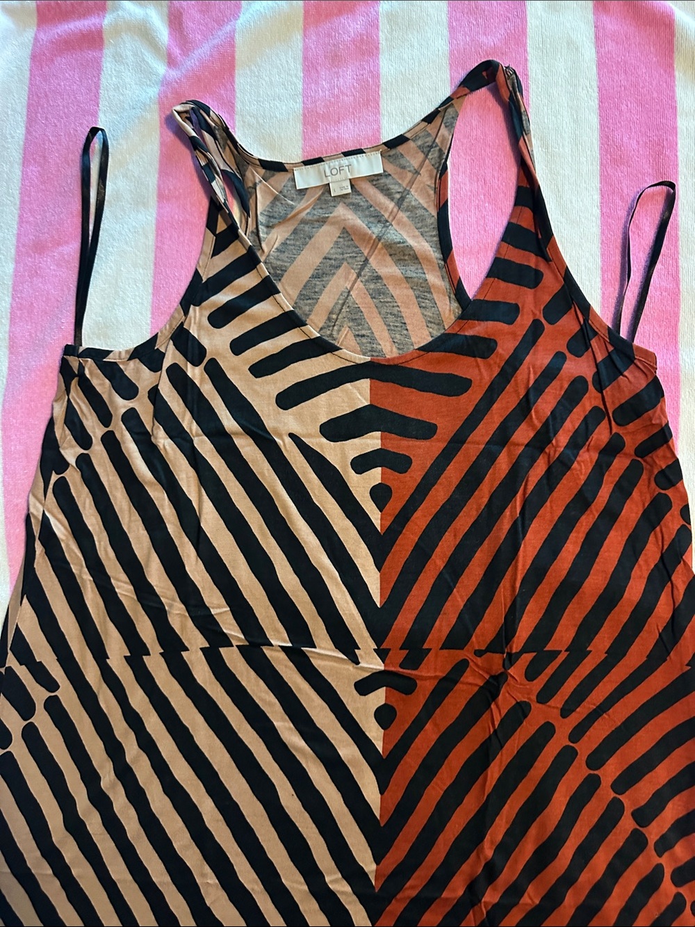 LOFT Black and Brown Geometric Stripe Tank Dress